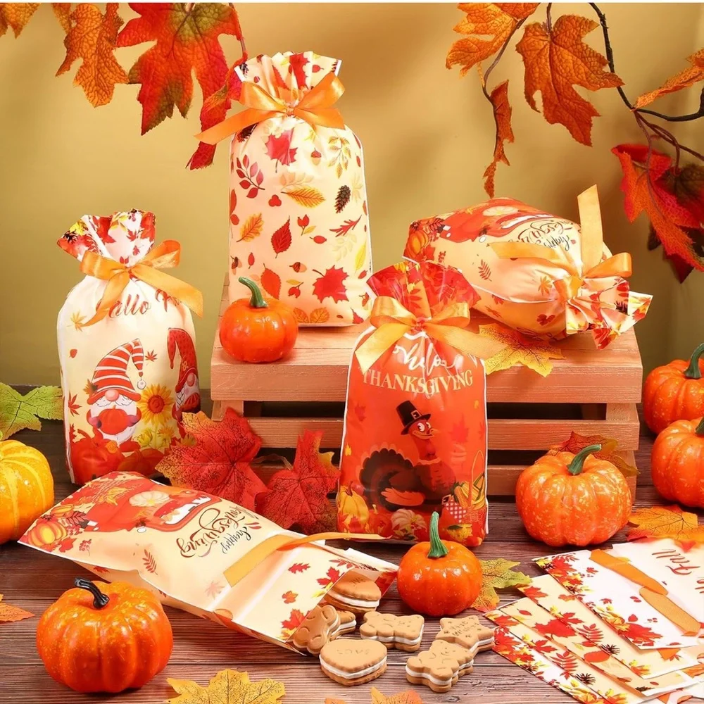 50 Thanksgiving and Fall Themed Gift Bags Plastic with Drawstring - Picture 3 of 5